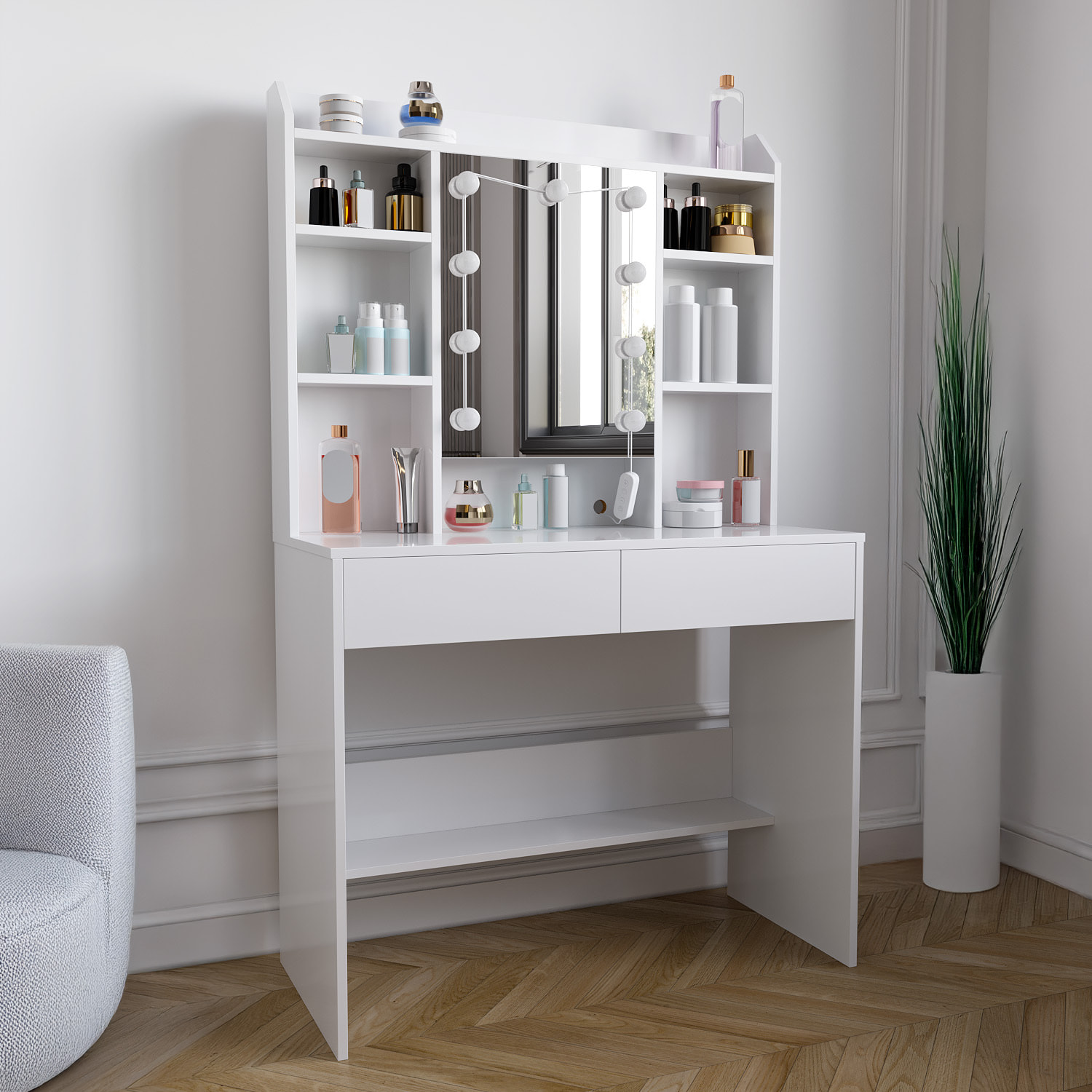 Toeletta Tavolino Trucco Tavolo Con 9 Luci LED Luminosità E Tonalità Regolabili Specchio 2 Cassetti 7 Vani A Giorno Mensole 40 x 90 x 144.7 Cm Bianco