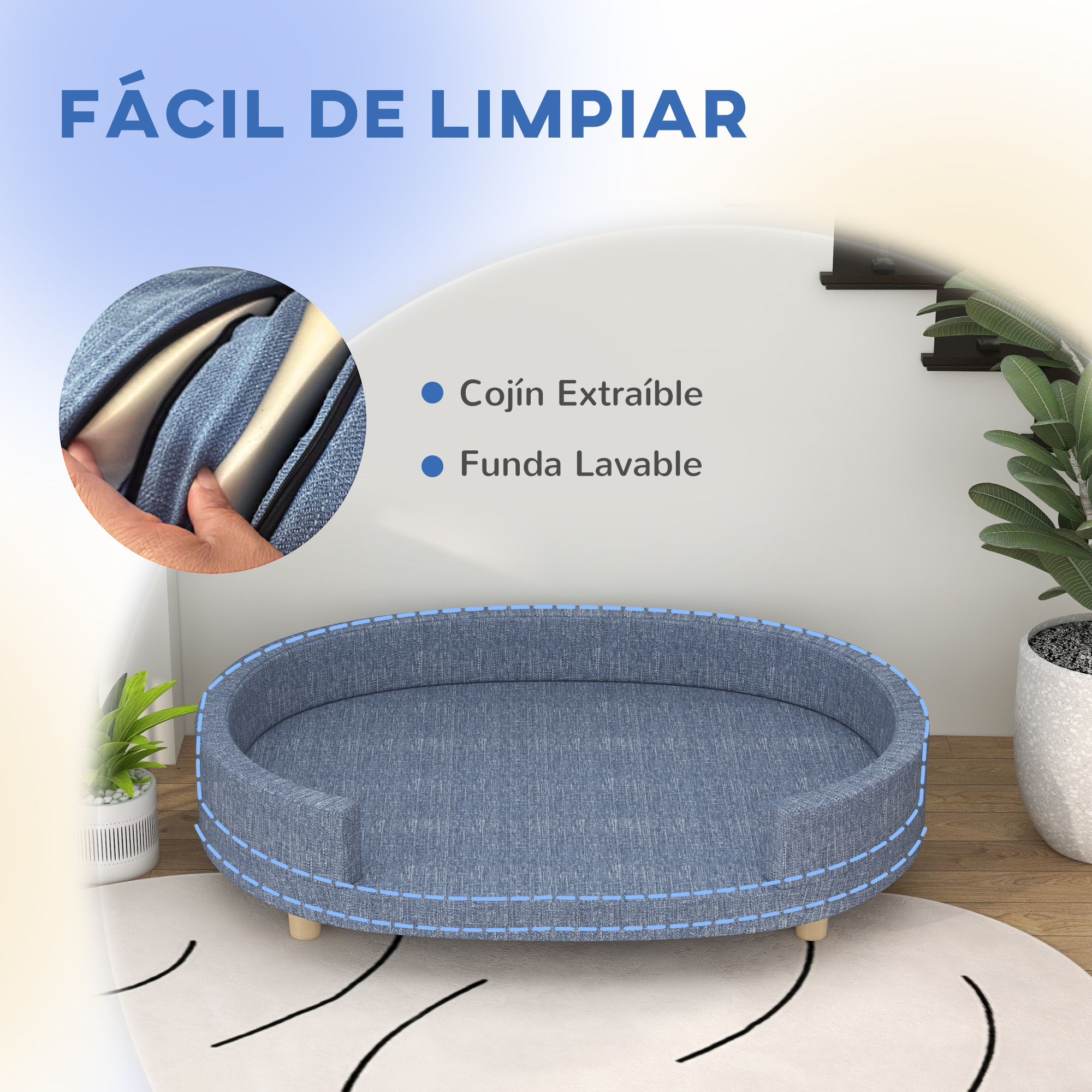 Sofá para Perros Grandes Sofá para Mascotas con Cojín Extraíble Funda Lavable y Patas de Madera Carga 30 kg para Interior 100x70x25 cm Azul