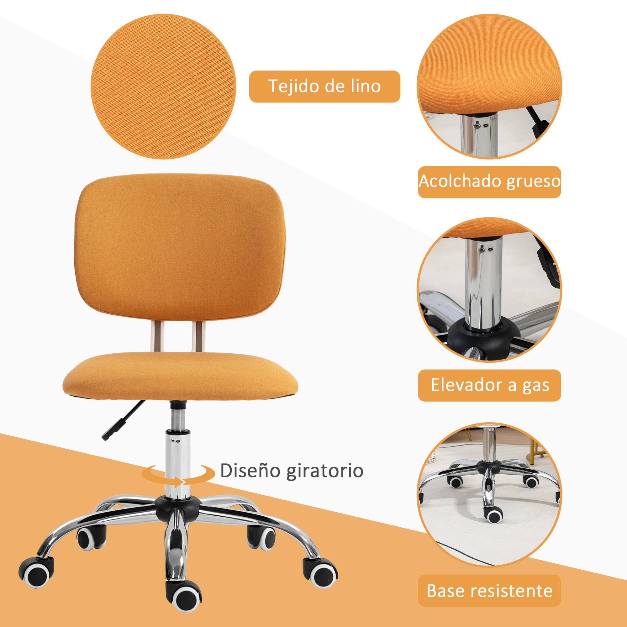 Silla de Oficina sin Brazos Silla de Escritorio Giratoria Tapizado de Tela con Altura Ajustable Estilo Moderno Carga 120 kg 48x53x80-90 cm Naranja