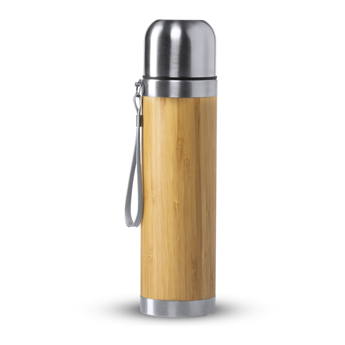 Tiaky thermos freddo/caldo doppia parete in bamboo e acciaio inossidabile da 420ml. Copertura per mantenere la temperatura e chiusura con tappo tazza.