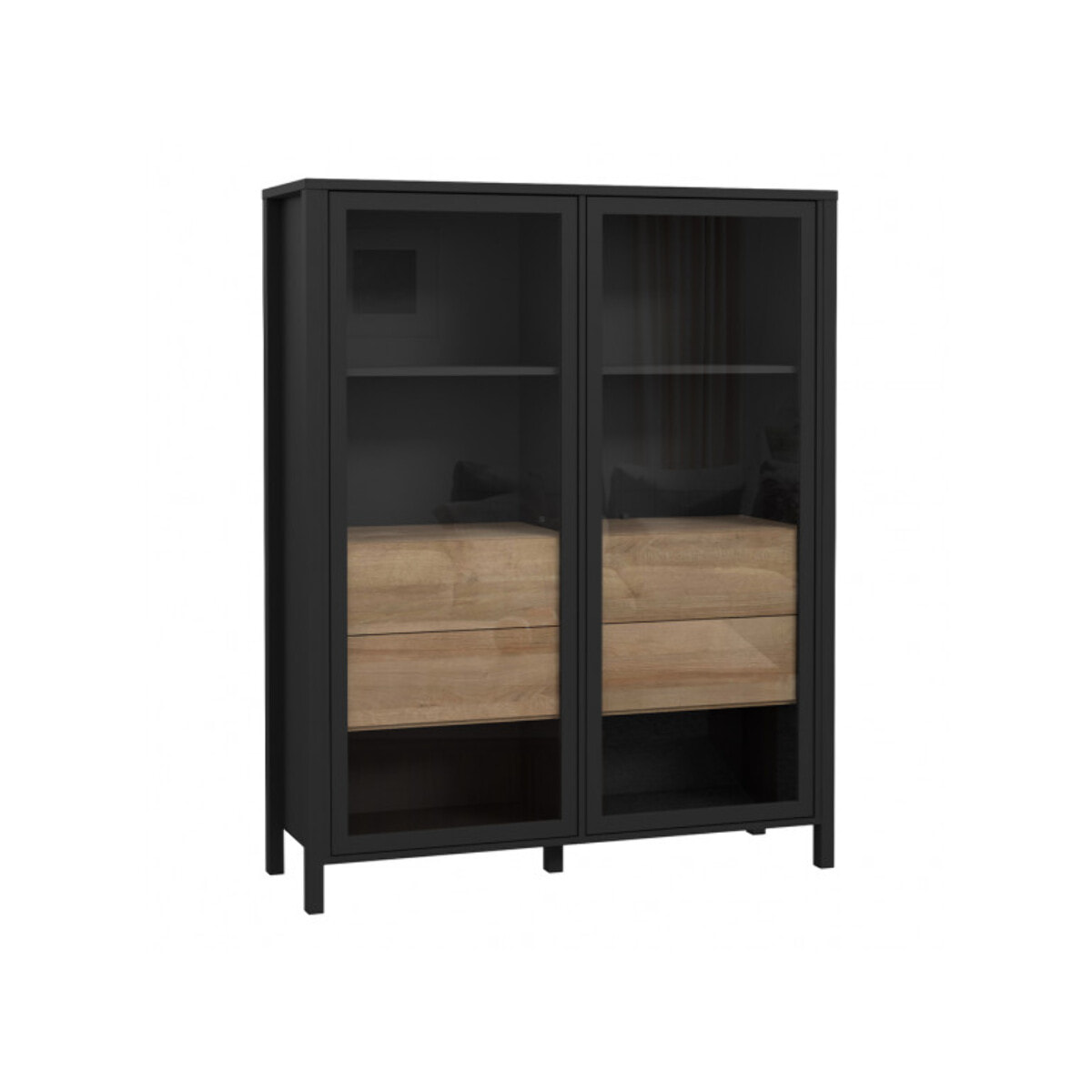 Vitrine 2 portes vitrées 4 tiroirs en bois effet chêne - MIAMI