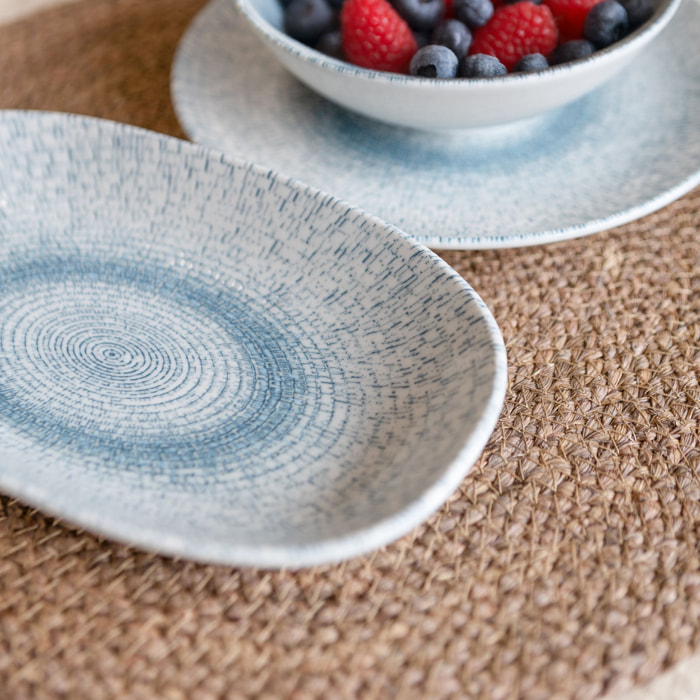 Lot de 6 assiettes ovales en porcelaine blanche et bleue 19cm AQUA