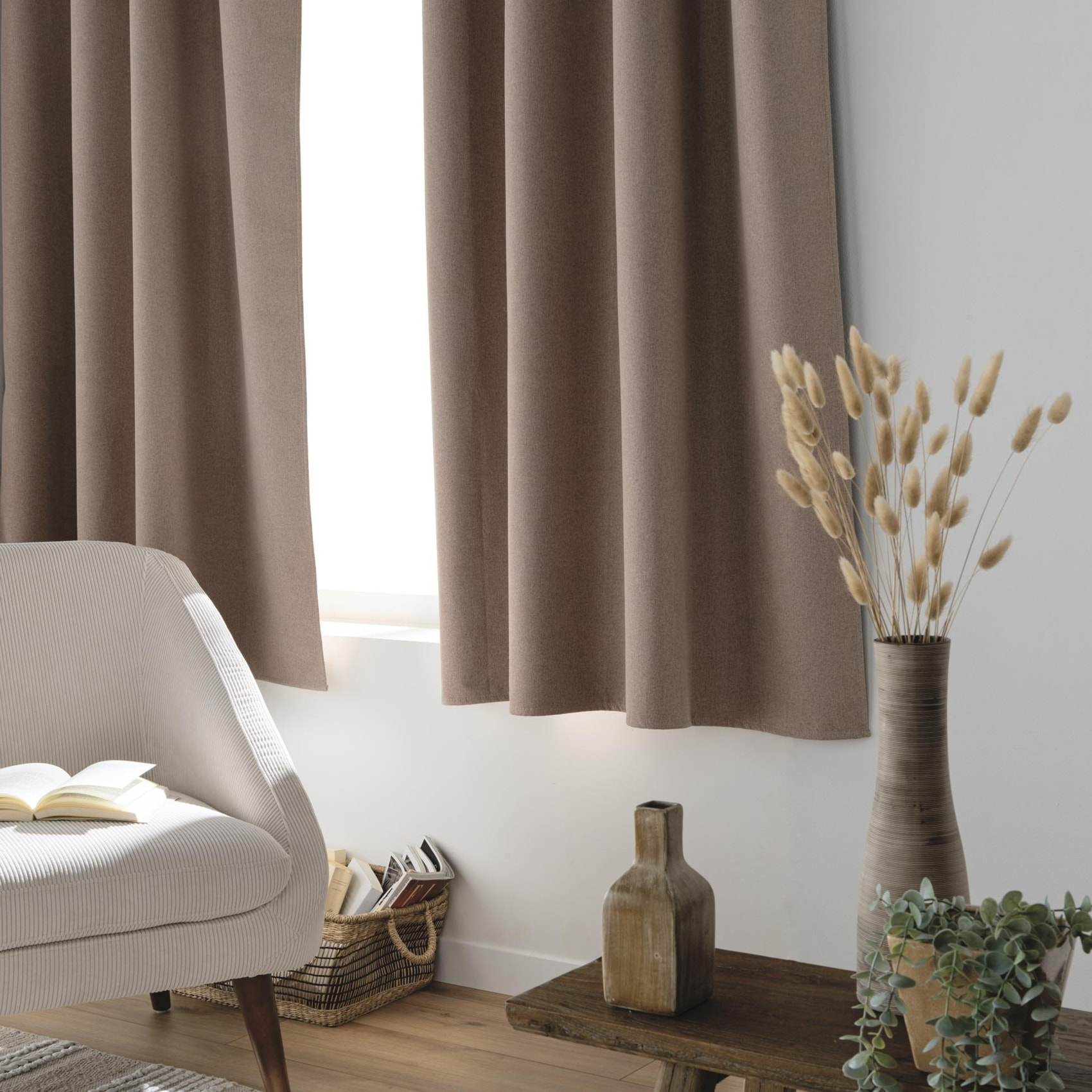 Rideau court occultant, isolant thermique et phonique en chambray - Marron Brun