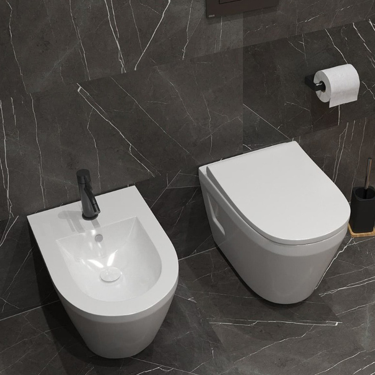 Set Integra WC sans bride + Abattant avec frein de chute en Duroplast + bidet suspendu et trop-plein, 35,5x54 cm, blanc