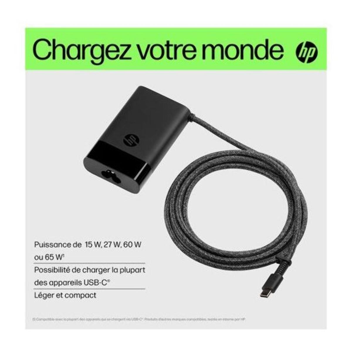 Chargeur ordinateur portable HP PC 65W noir mat compact USB-C EU