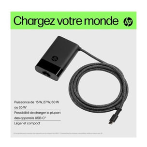 Chargeur ordinateur portable HP PC 65W noir mat compact USB-C EU