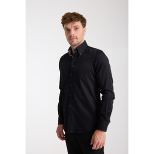 Camicia Uomo 2 Bottoni Button Down Slim Satin Unito Nero