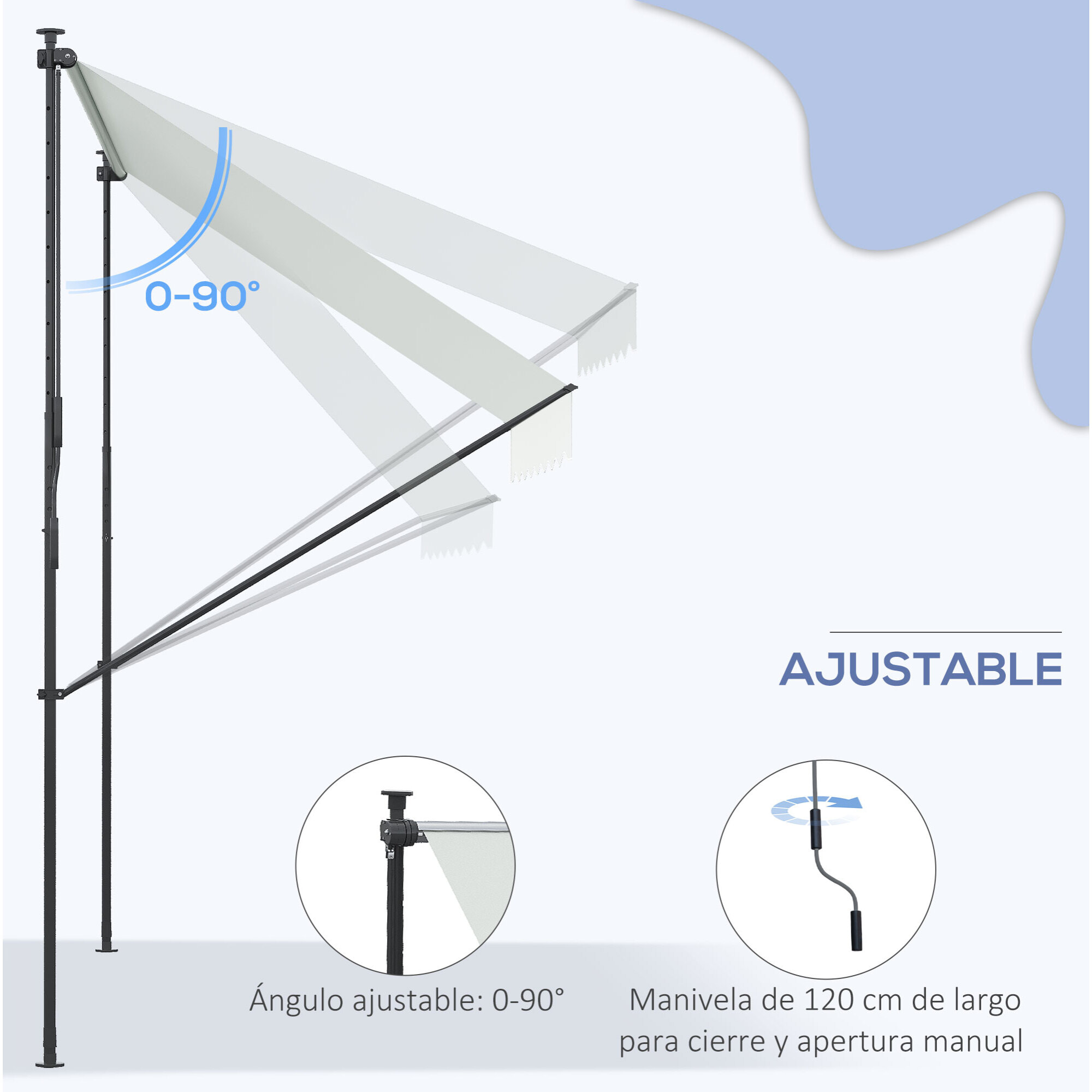 Toldo Manual Retráctil 300x170x200-290 cm Toldo Ajustable con Manivela Protección Solar UV40+ Prueba de Viento