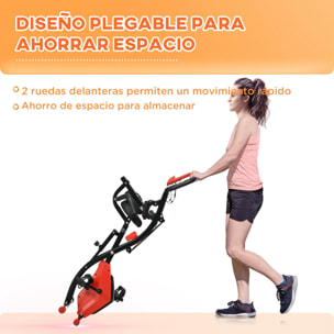 Bicicleta Estática Plegable 3 en 1 con Respaldo y 8 Niveles Resistencia Magnética, Bicicleta Estática para Casa Ajustable con Monitor LCD Volante Banda Sensor de Pulso Soporte de Teléfono Rojo
