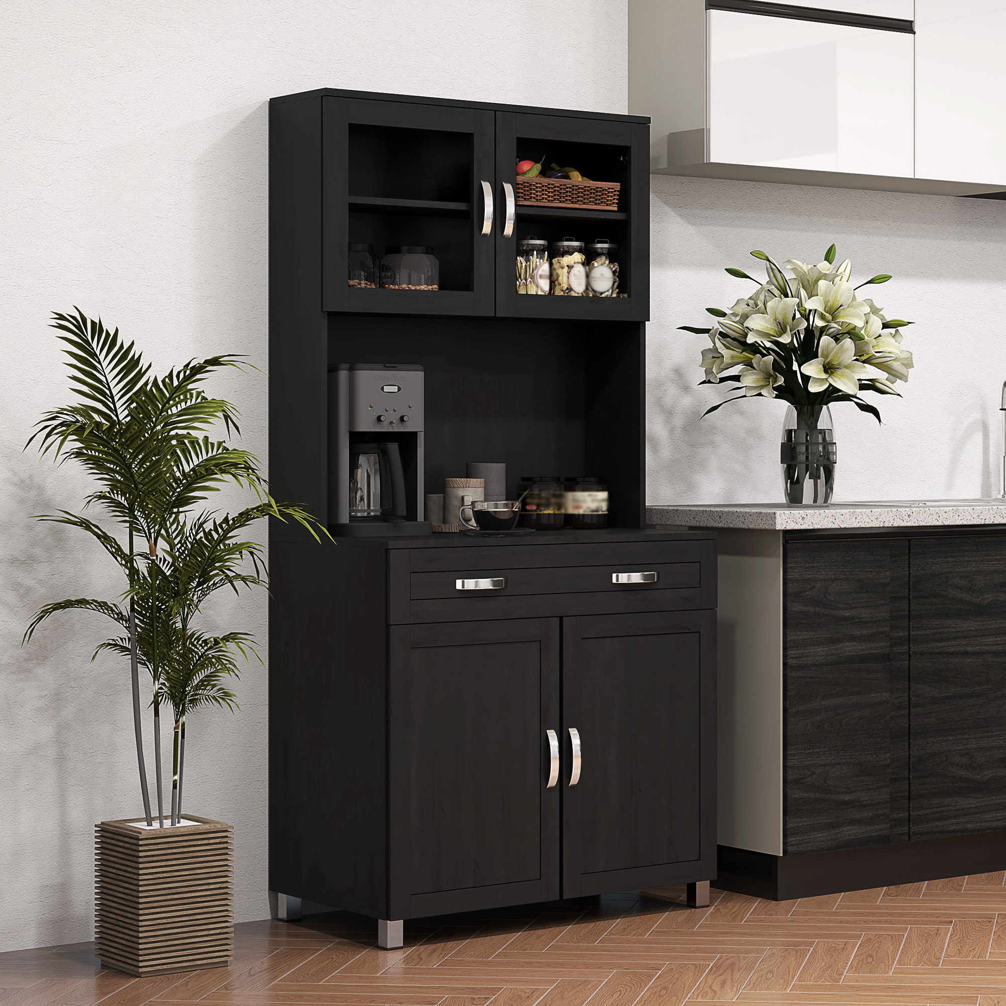 Armoire de cuisine contemporaine multi-rangement 4 portes grand tiroir noir