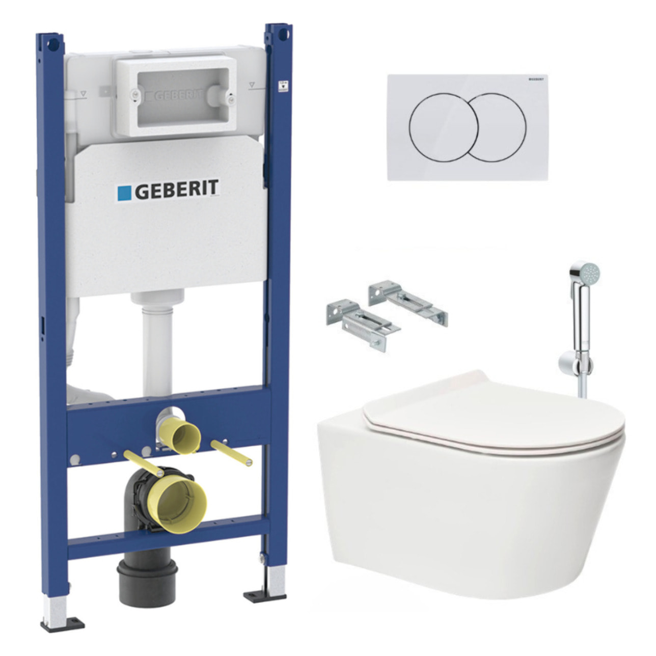 Pack WC sans bride Brevis + Abattant softclose slim + Bâti support Geberit UP100 + Plaque blanche + Douchette Grohe