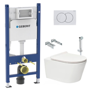 Pack WC sans bride Brevis + Abattant softclose slim + Bâti support Geberit UP100 + Plaque blanche + Douchette Grohe