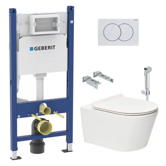 Pack WC sans bride Brevis + Abattant softclose slim + Bâti support Geberit UP100 + Plaque blanche + Douchette Grohe