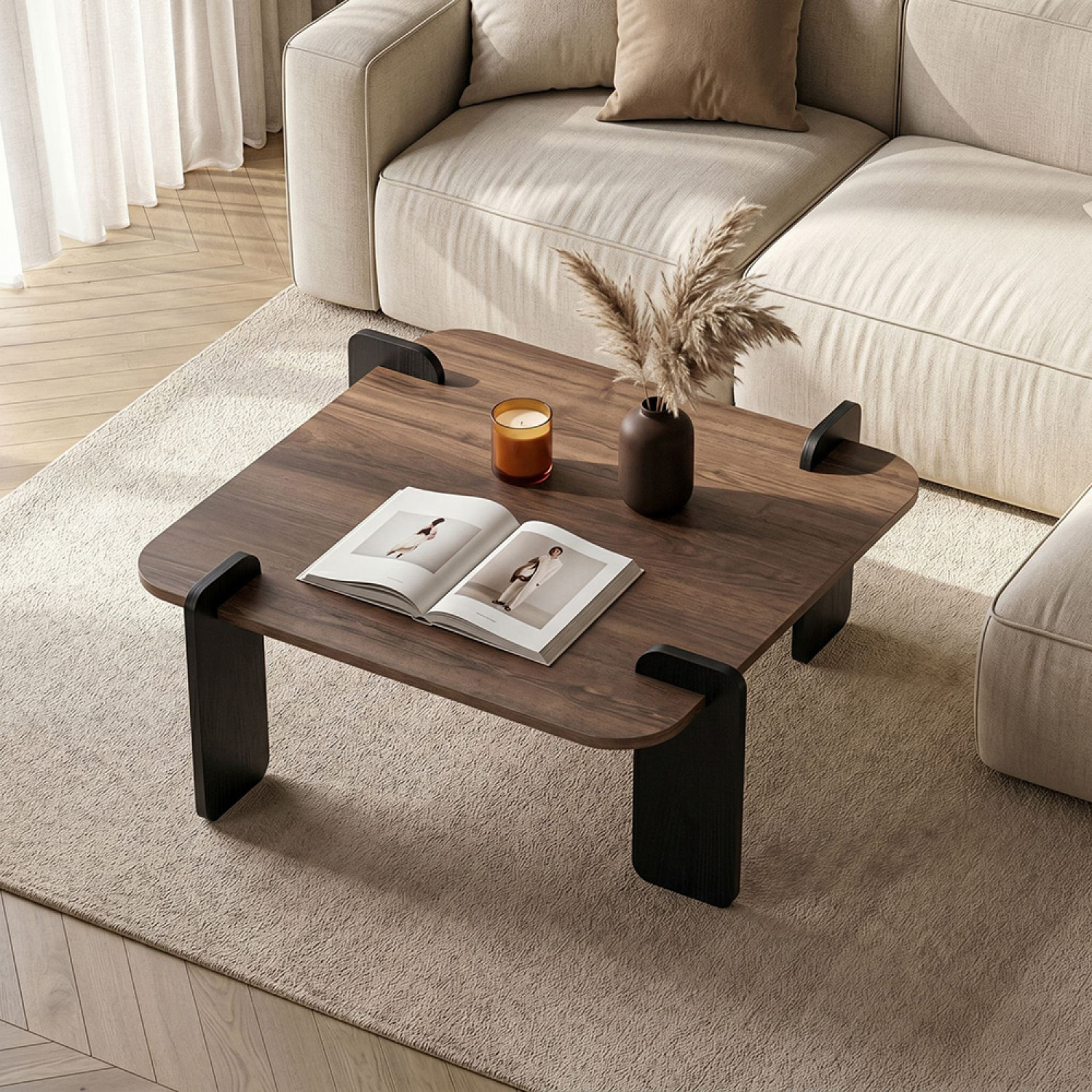 Table basse carrée effet noyer 90x90 cm BROOKLYN