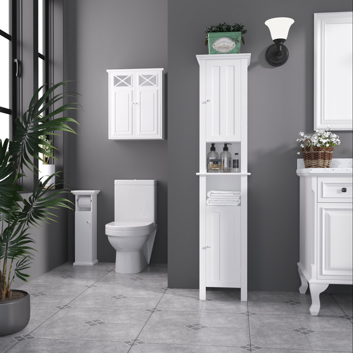 Meuble colonne de salle de bain 2 portes 2 étagères 2 niches - dim. 35L x 30l x 158H cm - MDF blanc