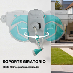 Enrollador de Manguera para Jardín 10+1 m con Boquilla de 7 Funciones, Carrete de Manguera de Jardín de Pared, Giratorio 180°, con Retorno Enrollado Automático, Gris Claro y Verde