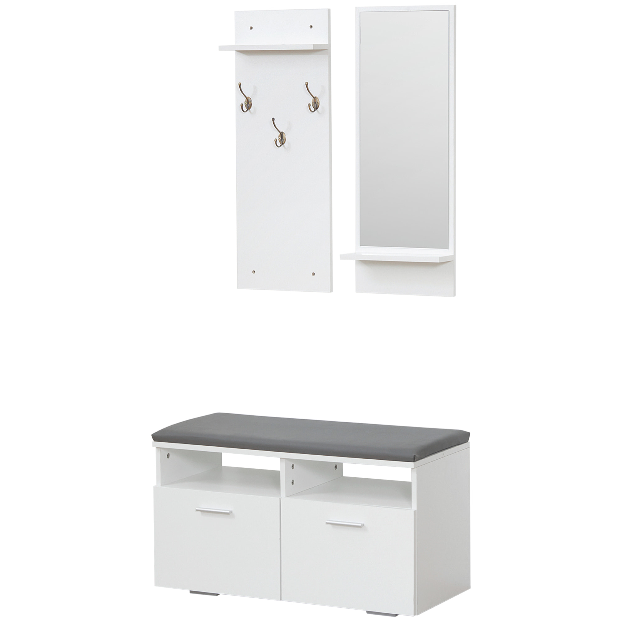 Conjunto de Recibidor con Espejo Perchero y Zapatero Mueble de Entrada con 2 Puertas 3 Ganchos y Estantes para 8 Pares de Zapatos para Pasillo 80x36x47 cm 30x11,5x80 cm Blanco