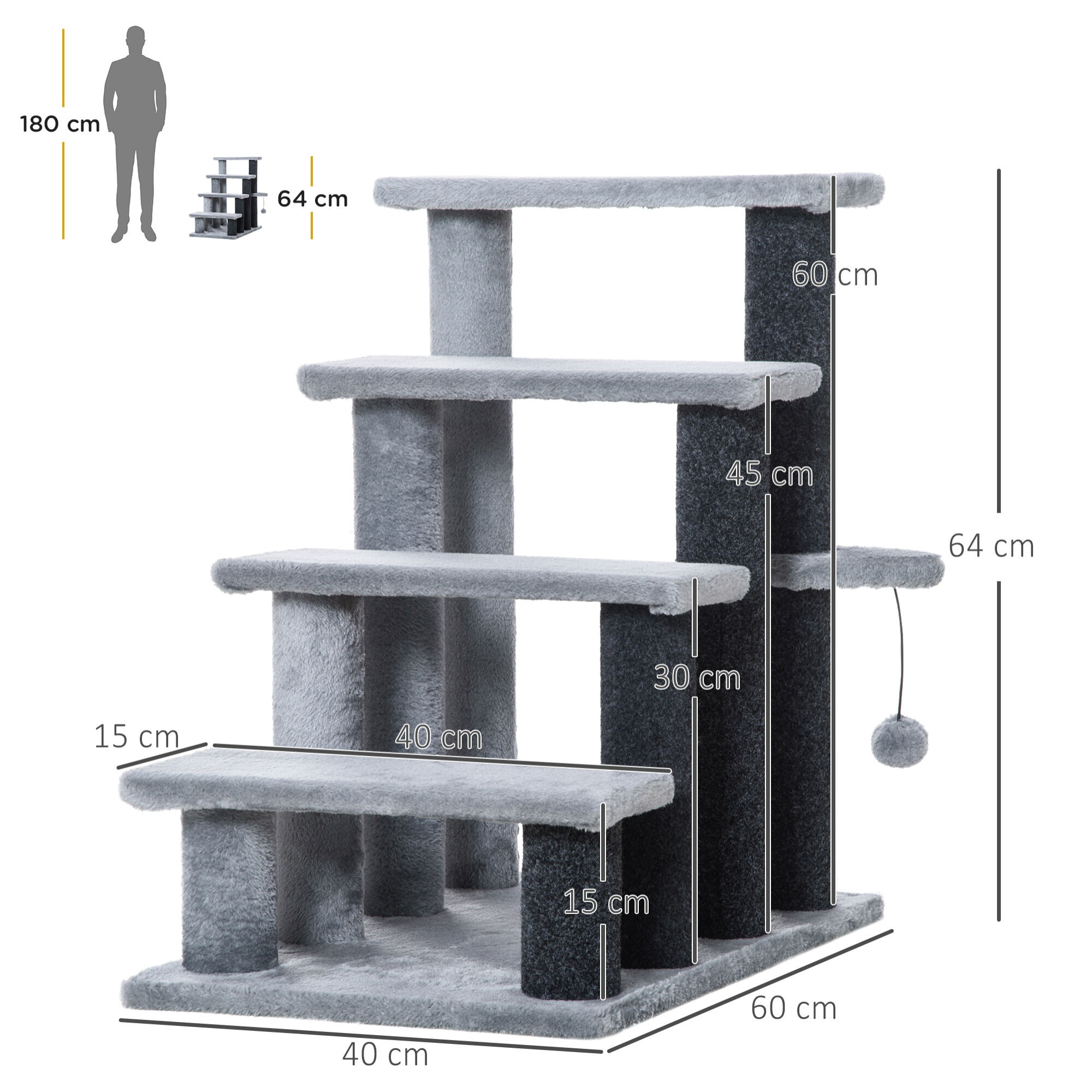 Escaleras para Gatos de 4 Escalones Escaleras para Mascotas Árbol Rascador para Gatos Pequeño con Poste Rascador Bola Colgante 60x40x64 cm Gris