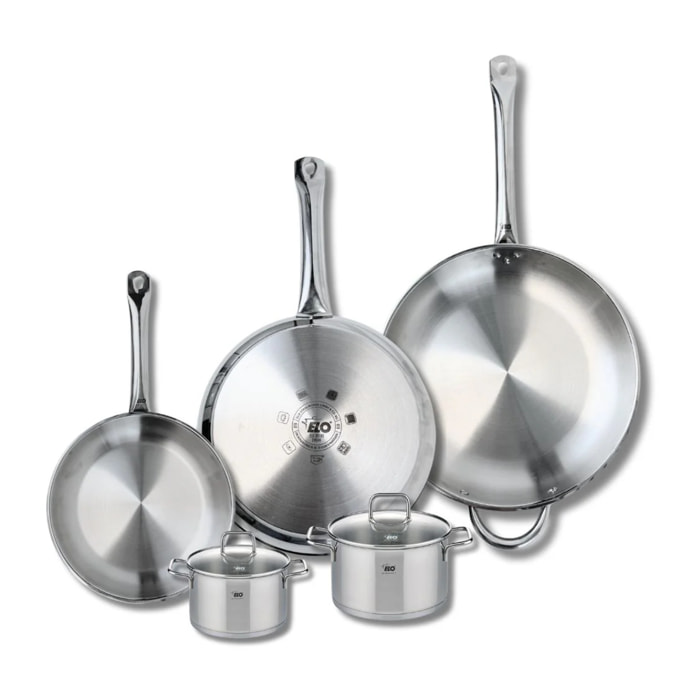 Ensemble de 3 Poêles de cuisson 24, 28 et 32 cm et 2 faitouts 12 et 14 cm Elo Profi Citrin