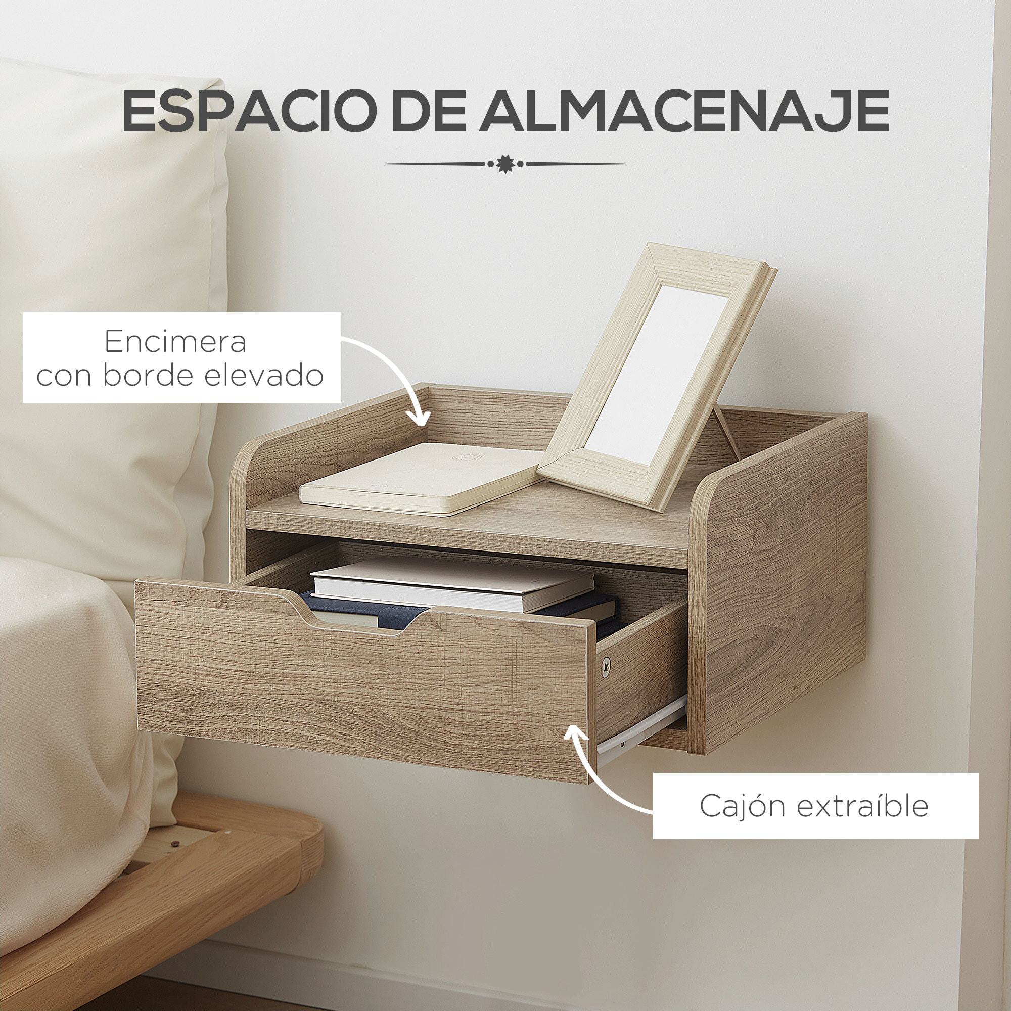 Set de 2 Mesitas de Noche Flotantes Mesillas de Noche de Pared con Cajón para Dormitorio Habitación Hogar Diseño Sencillo 40x30x19,5 cm Madera Natural
