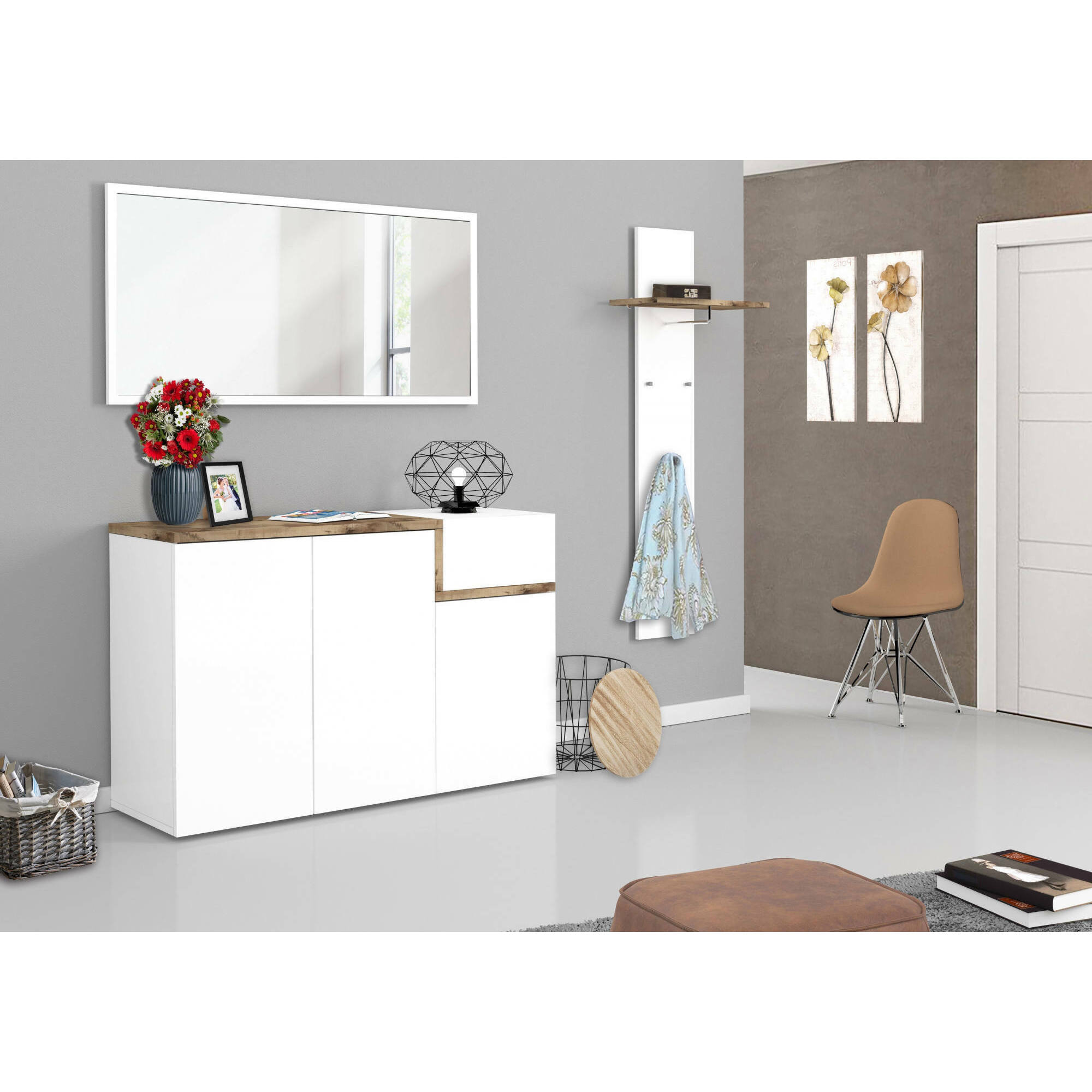 Scarpiera moderna, Made in Italy, 3 ante e 1 anta a ribalta, Portascarpe da ingresso, cm 120x40h80, colore Bianco lucido e Acero