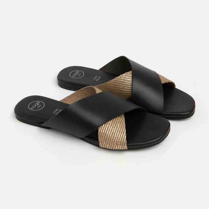 Ciabattina in vera pelle con fascia larga in oro - NERO