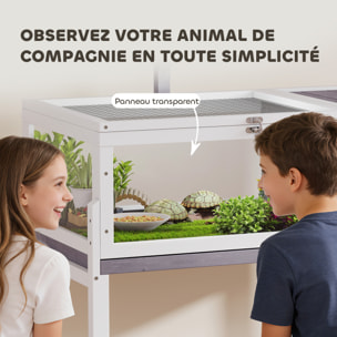 Terrarium maison tortue sur pied - niche, plateau déjection, support lampe - bois blanc gris