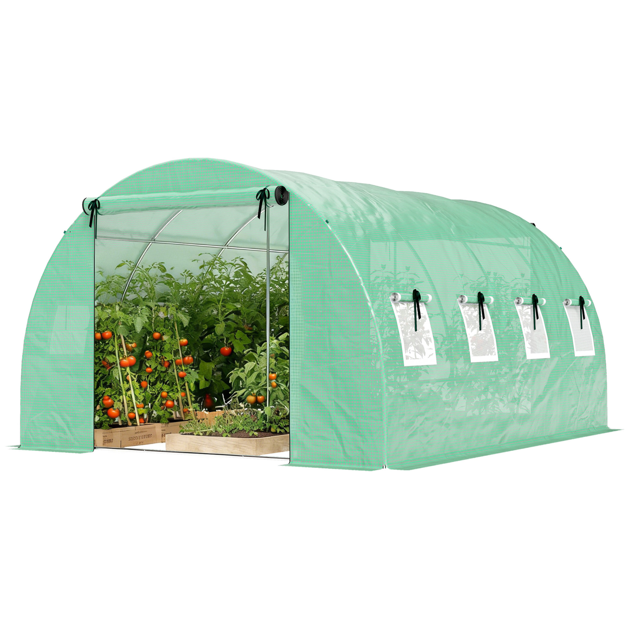 Serre tunnel de jardin - 12 m² - bâche PE 140 g/m² - 2 portes et 8 fenêtres - 295x400x200cm - bâche PE 140 g/m² - vert