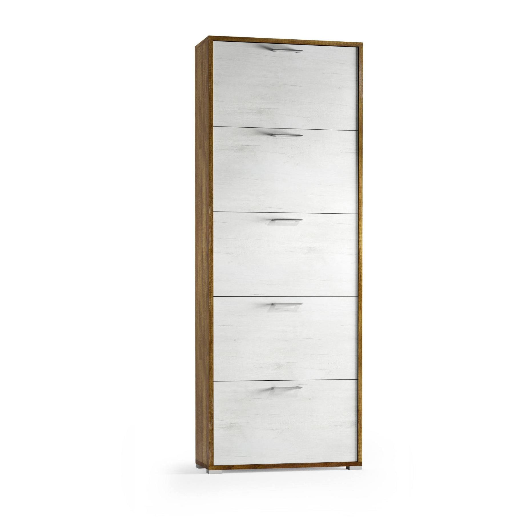 Scarpiera Surfinia, Mobile multiuso da ingresso con 5 ante a ribalta, Armadietto portascarpe a doppia profondità, 100% Made in Italy, Cm 67x28h183, Bianco e Rovere