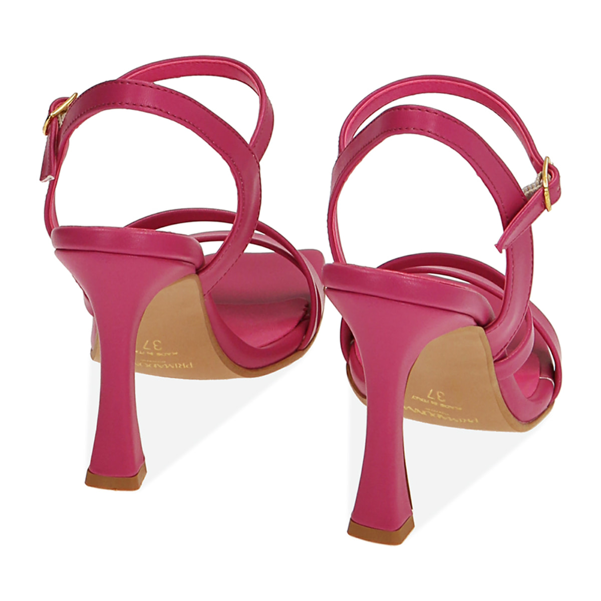 Sandalias fucsia con puntera cuadrada y tacón de 10 cm.