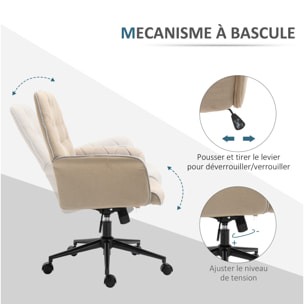 Fauteuil de bureau chaise de bureau hauteur réglable roulettes pivotant 360° tissu chanvre 69L x 66l x 89,5-97H cm beige