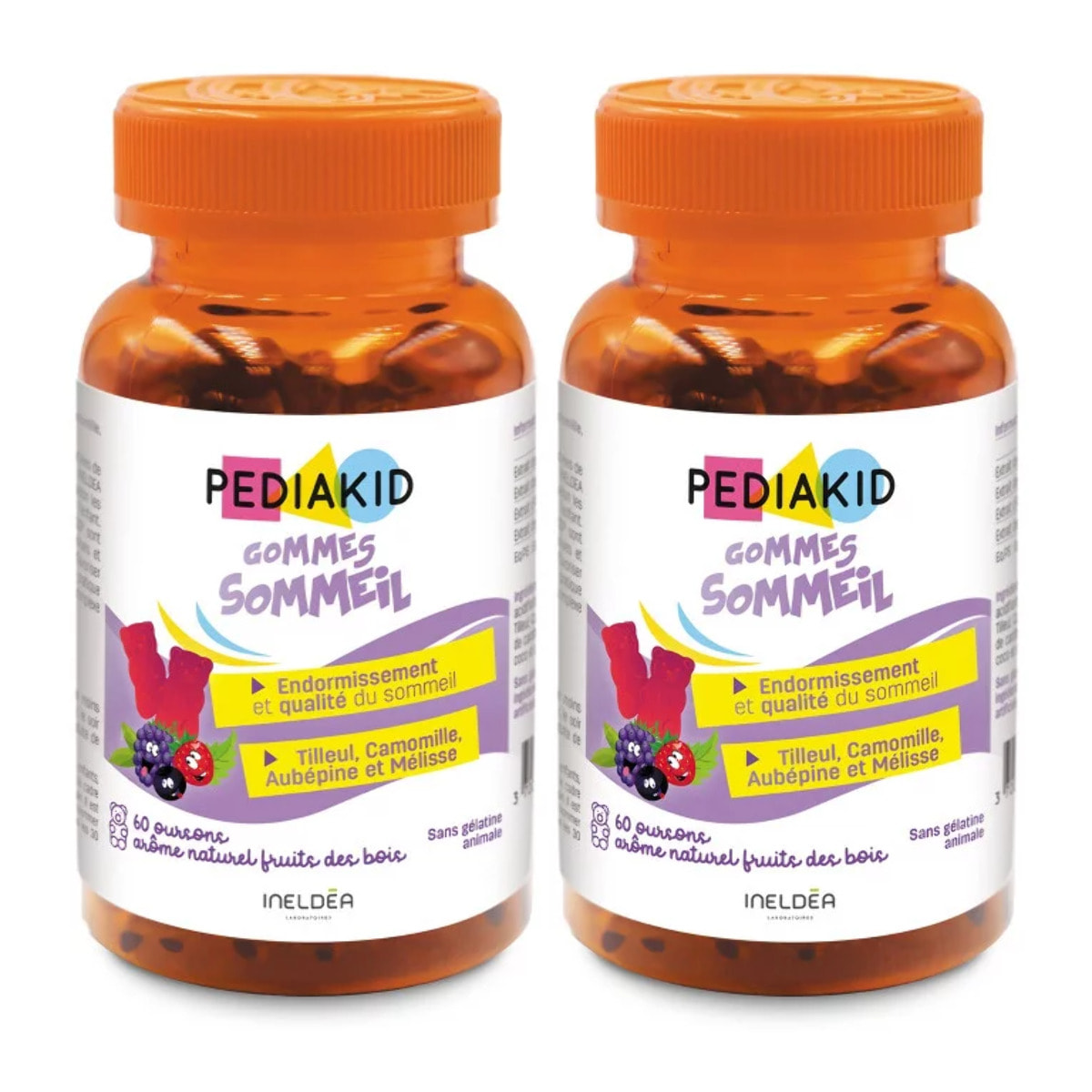PEDIAKID - Gommes Sommeil - Complément alimentaire - Tilleul, Aubépine, Camomille & Mélisse - Facilite l'endormissement - Favorise un sommeil de meilleure qualité - Sans gélatine - Lot de 2 piluliers