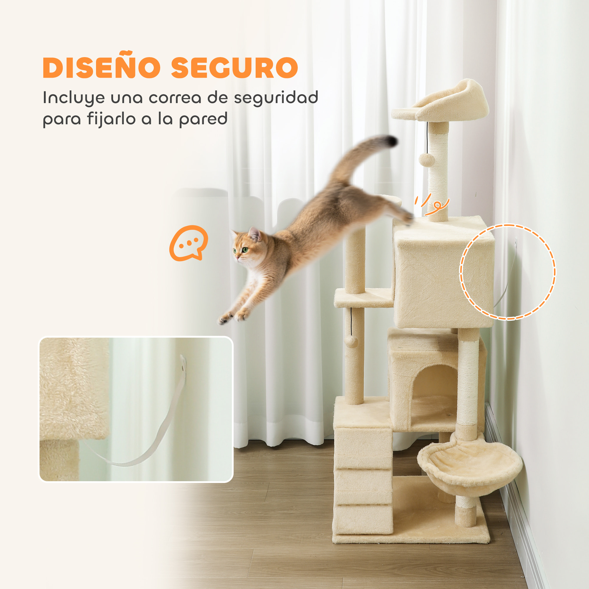Árbol Rascador para Gatos, Árbol para Gatos 140 cm, Torre Escalador con Múltiples Plataformas, Cama, 2 Cuevas, Hamaca, Escalera, Postes de Sisal, Bolas para Jugar, Beige