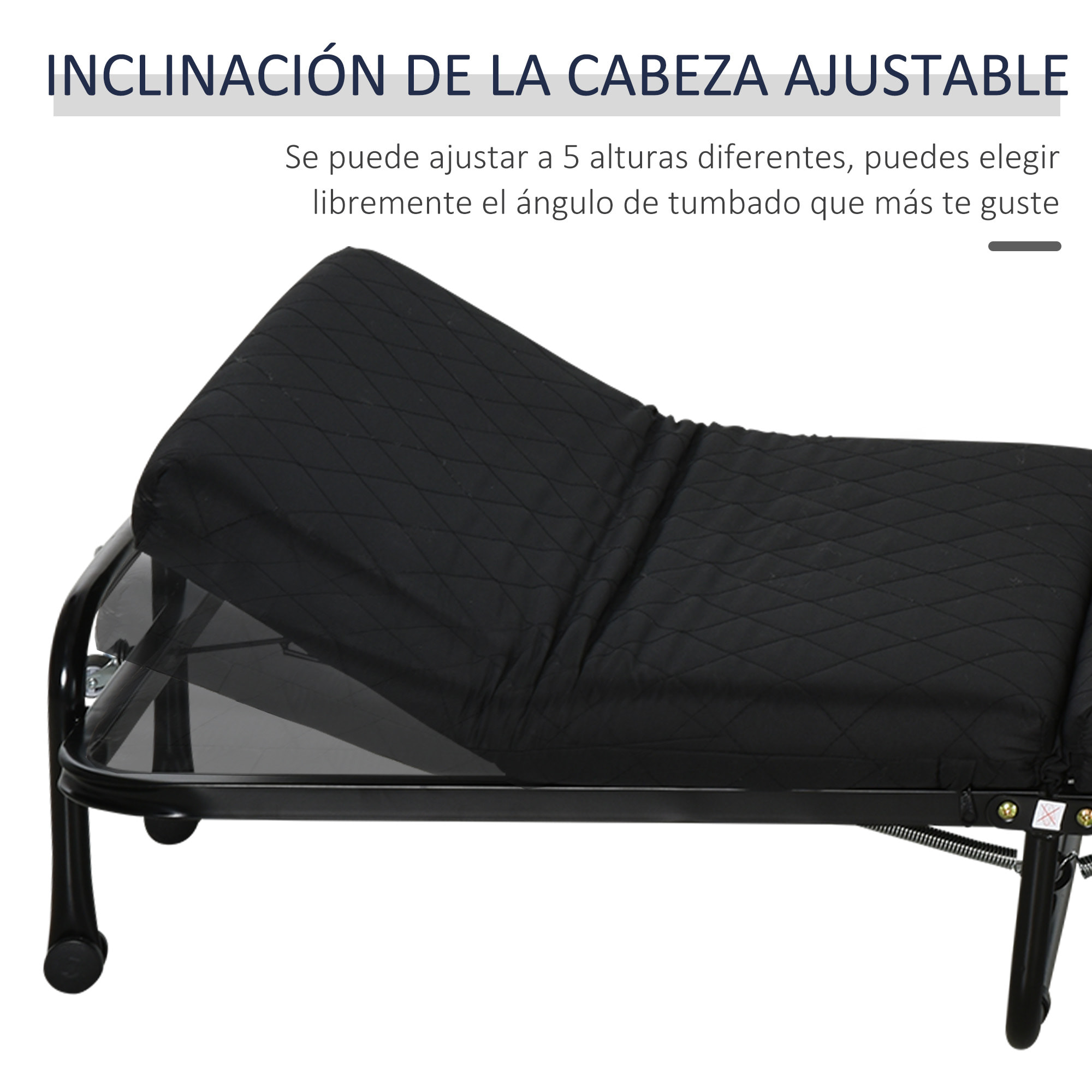 Cama Plegable 184x65 cm Cama Abatible con Cabecera Ajustable en 5 Niveles Ruedas Universales y Estructura de Metal Carga Máx. 120 kg Negro