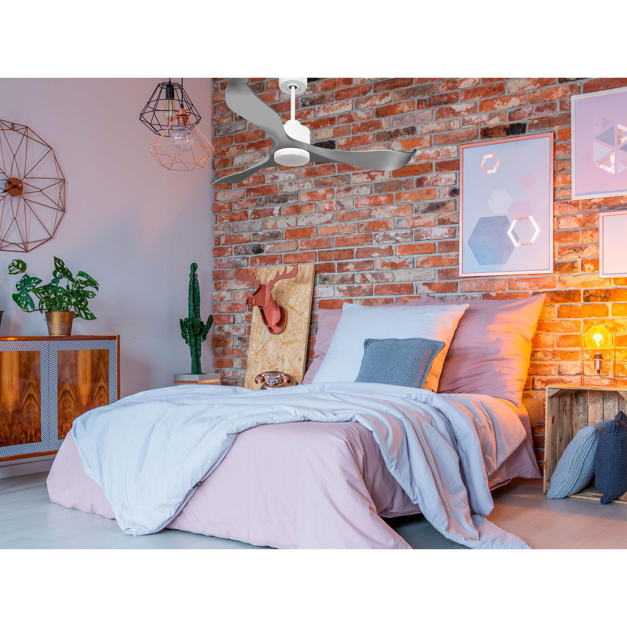 Ventilador de techo Reversible Termostato Dimable Wifi Motor DC Techos Inclinados Mando a Distancia Luz tres tonos Memoria TrawanganD132C03LED64935 PURLINE