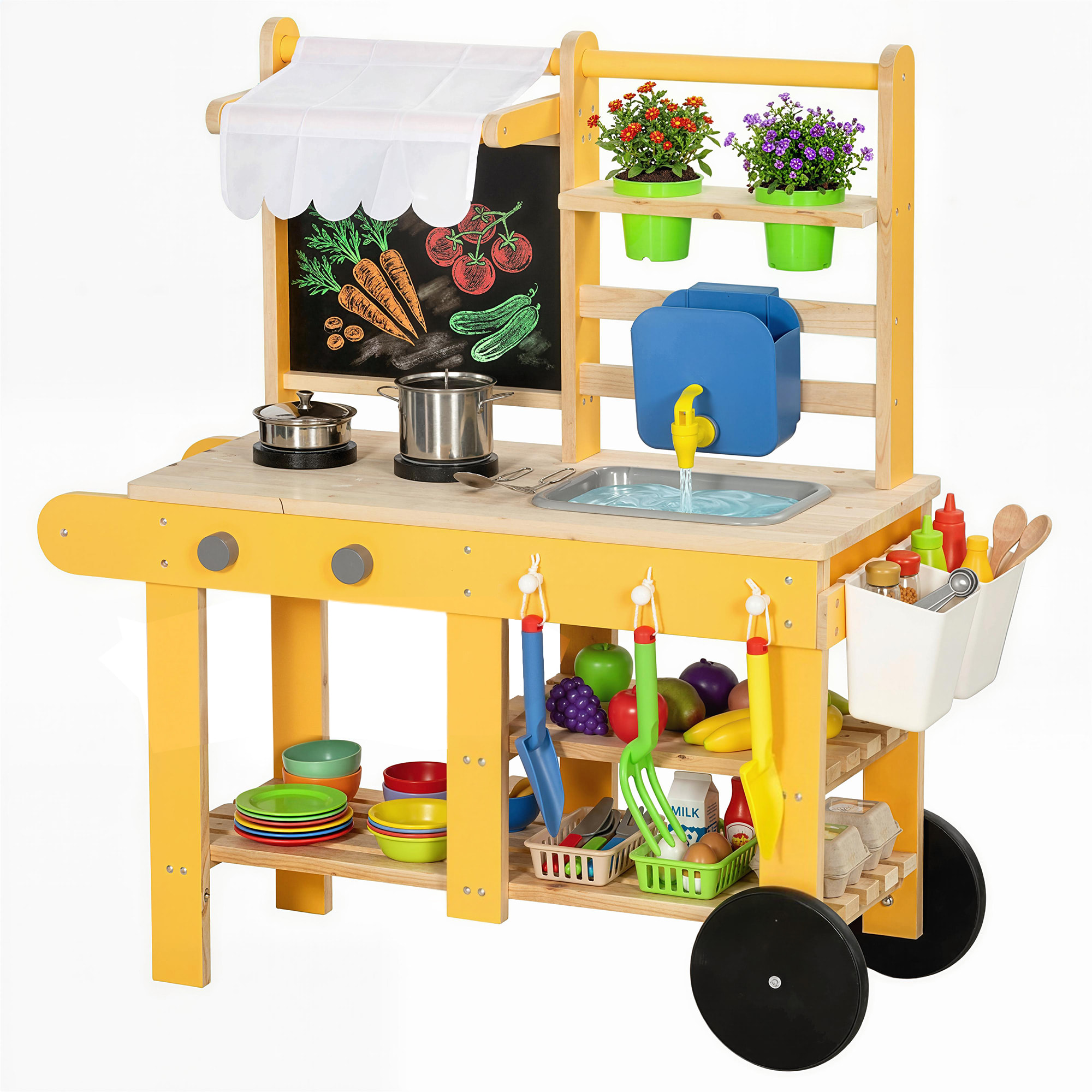 Cocina de Juguete Exterior con Ruedas, Cocinita Infantil de Madera con Agua Real, Fregadero, Estufas, Estantes, Macetas, Pizarra y 15 Accesorios, 84,2x34,4x90 cm, Amarillo