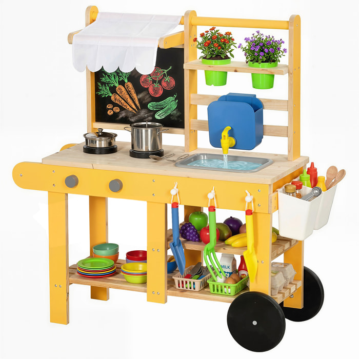 Cocina de Juguete Exterior con Ruedas, Cocinita Infantil de Madera con Agua Real, Fregadero, Estufas, Estantes, Macetas, Pizarra y 15 Accesorios, 84,2x34,4x90 cm, Amarillo