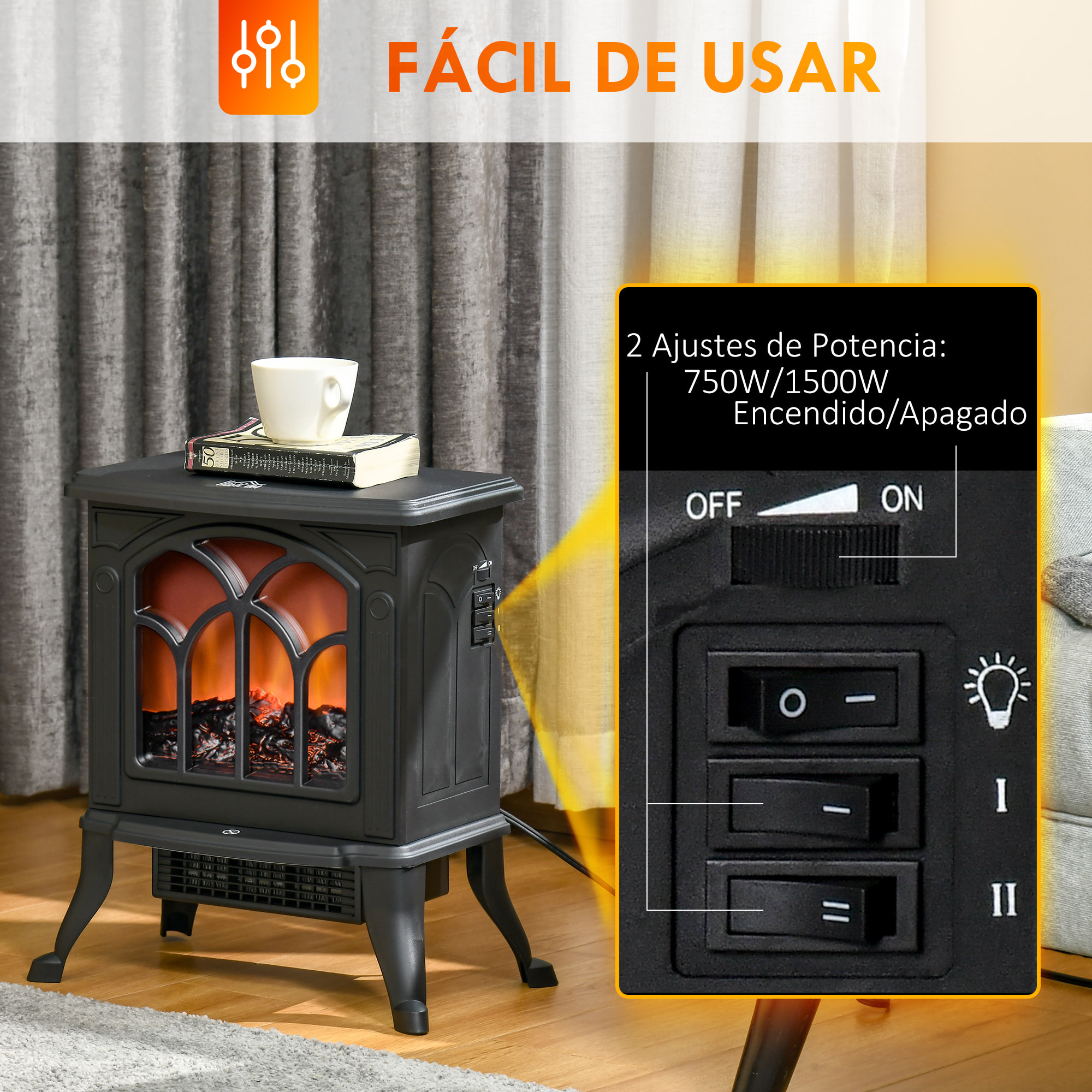 Chimenea Eléctrica de Pie 750/1500 W, Chimenea Decorativa con 2 Niveles de Potencia, Efecto Llama, Protección Sobrecalentamiento, Área de Cobertura 15-20 m², Negro