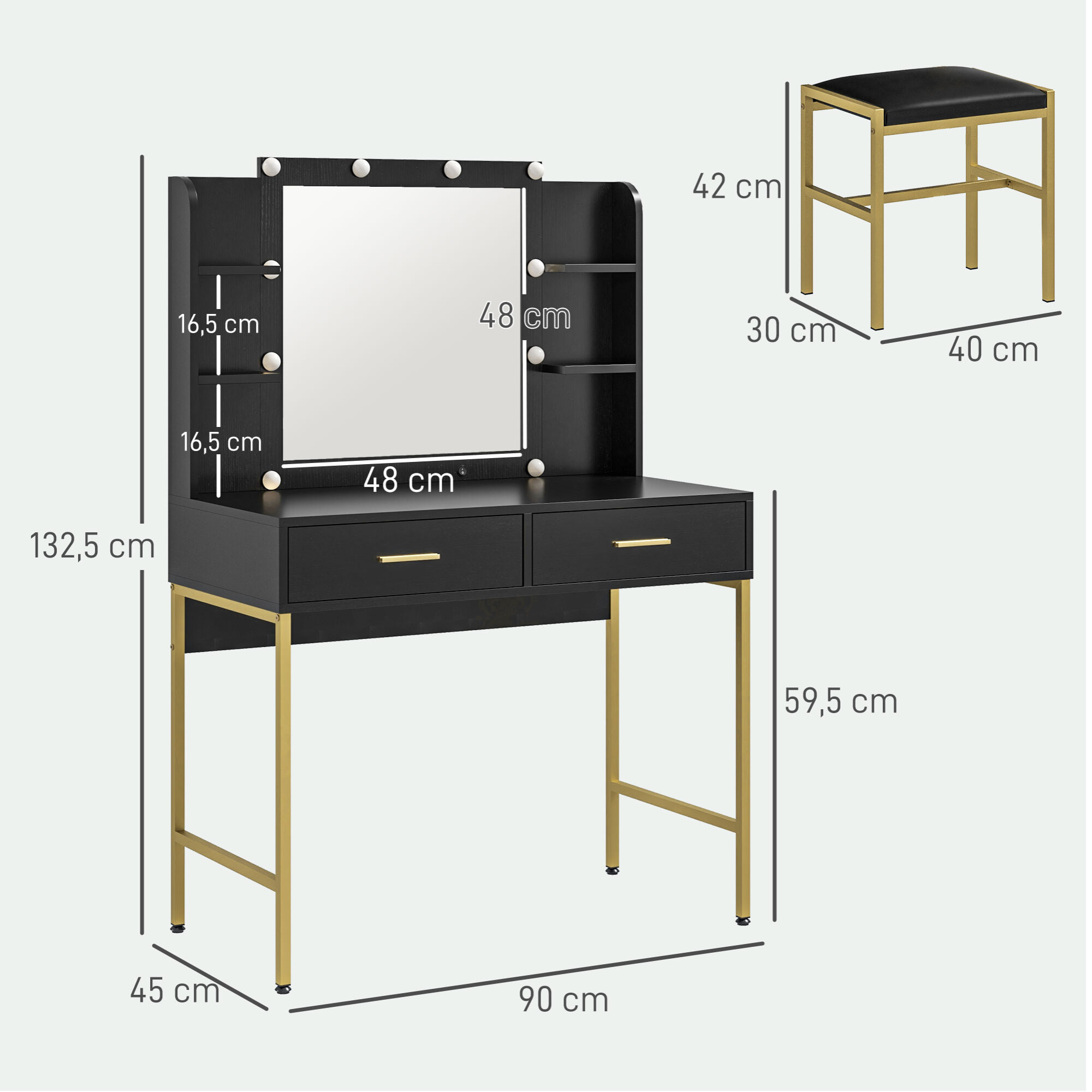 Ensemble coiffeuse miroir LED tabouret style art déco - 2 tiroirs, 4 étagères - acier doré bois noir