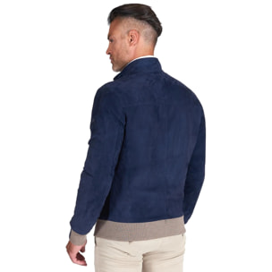 Giubbotto bomber in pelle scamosciata blu collo coreana