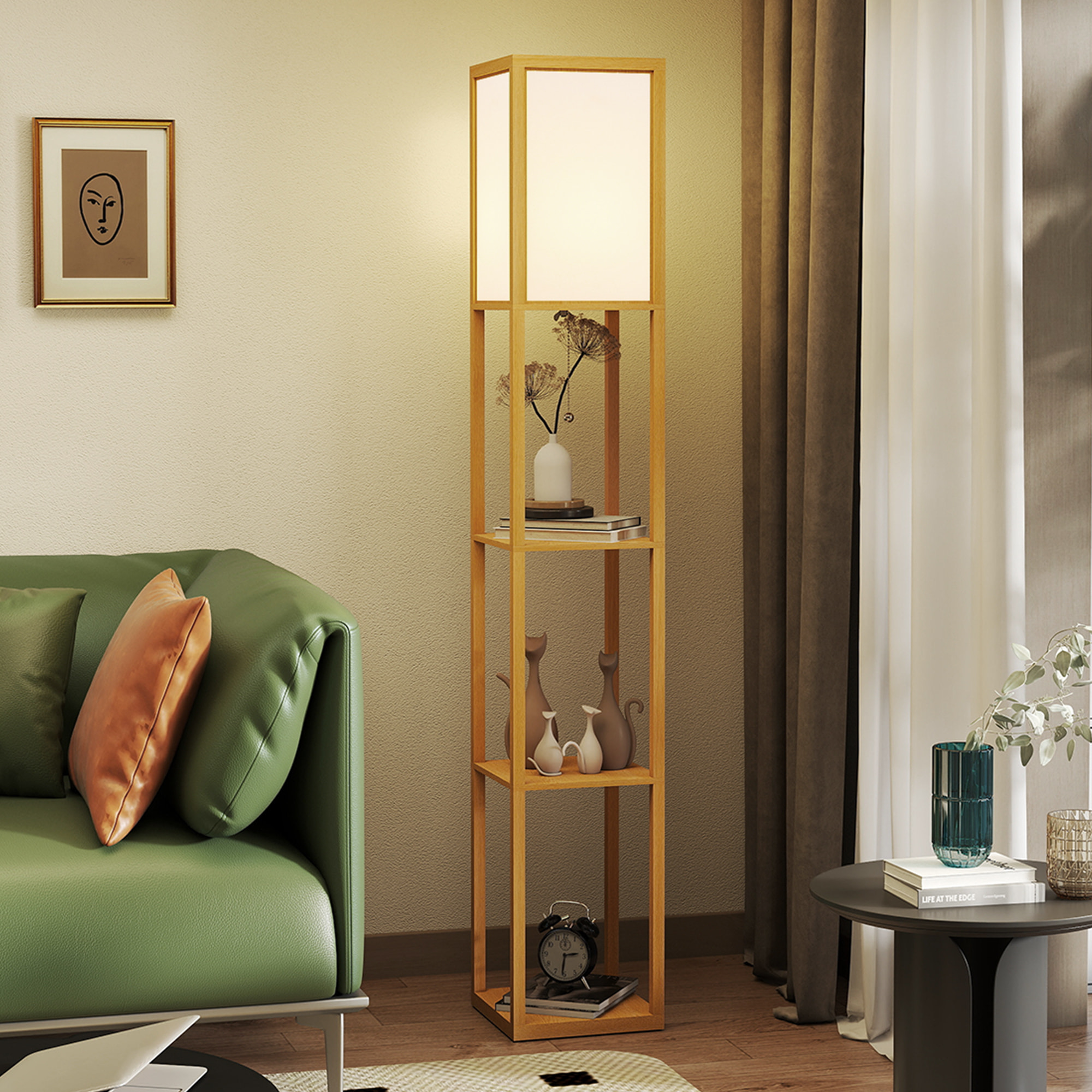 Lámpara de Pie con Estantes de Almacenaje, Lámpara de Madera Moderna, Bombilla E27, para Salón, Dormitorio, Oficina, Natural