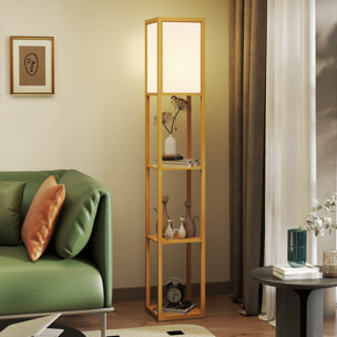 Lámpara de Pie con Estantes de Almacenaje, Lámpara de Madera Moderna, Bombilla E27, para Salón, Dormitorio, Oficina, Natural