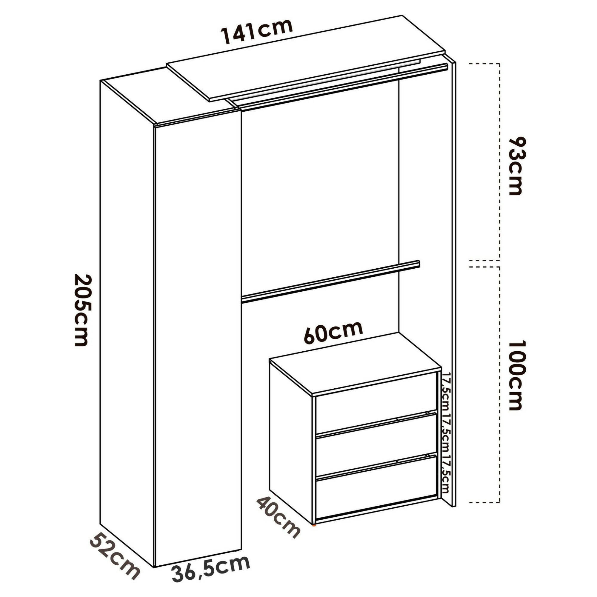 Guardaroba grande Annuck, Struttura per cabina armadio, Mobile appendiabiti aperto, 141x52h205 cm, Bianco e Antracite