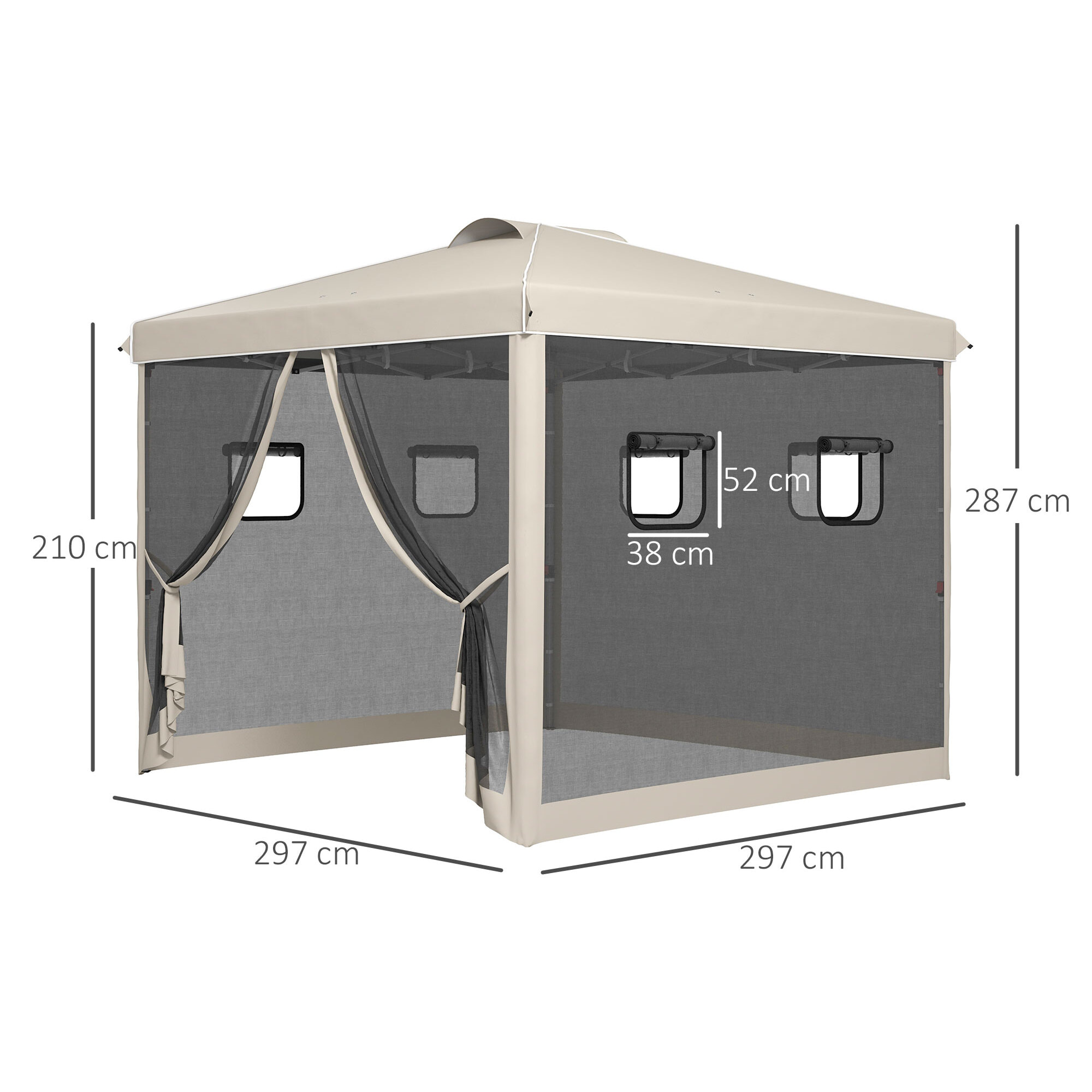 Carpa Plegable 3x3 m Cenador de Jardín con Pared Lateral de Malla 6 Ventanas Altura Ajustable en 3 Niveles Protección Rayos UV30+ e Impermeable para Camping Fiestas Beige