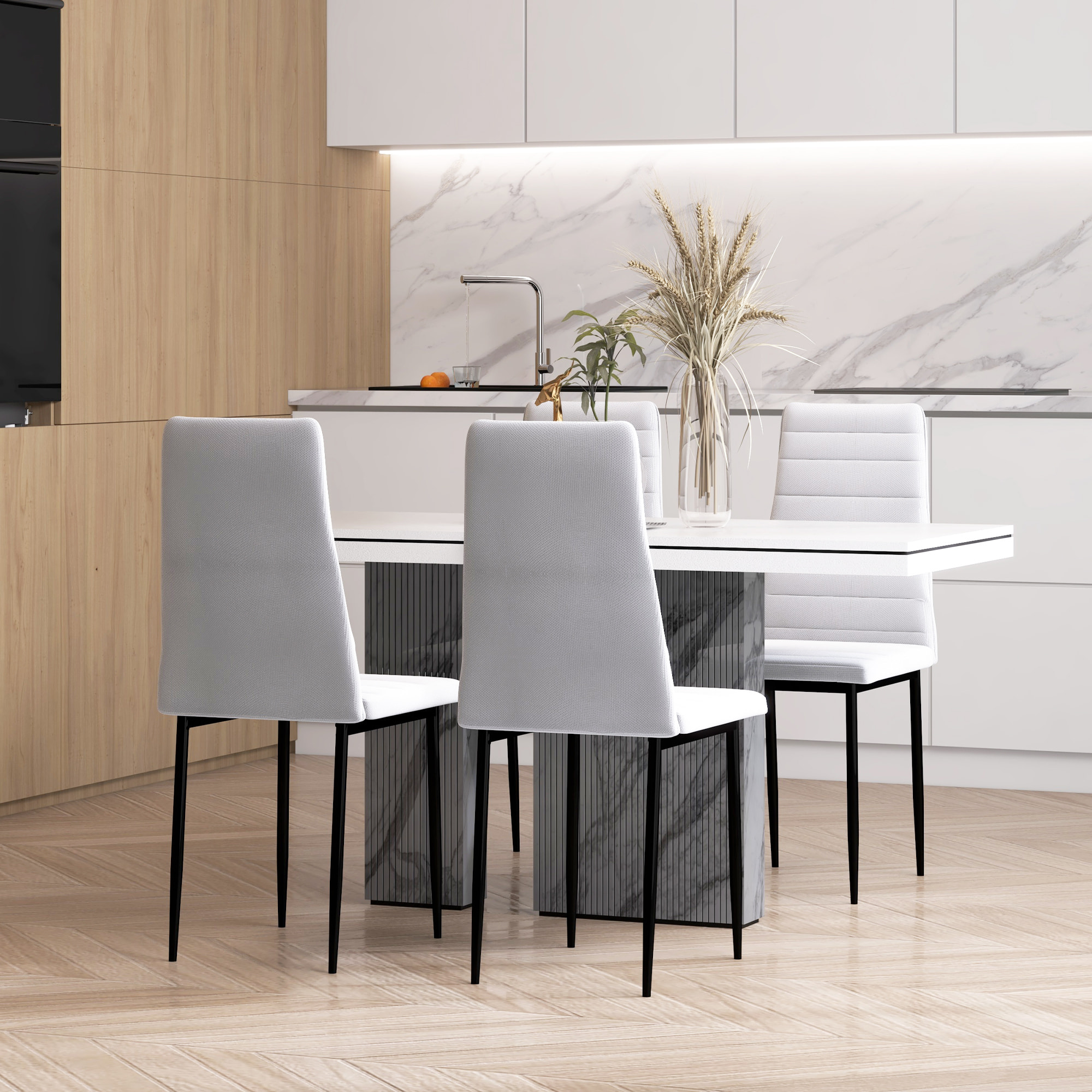 Pack de 4 Sillas de Comedor Modernas, Sillas de Cocina Tapizadas en Lino Sintético con Respaldo Alto y Patas de Metal, para Salón, Blanco