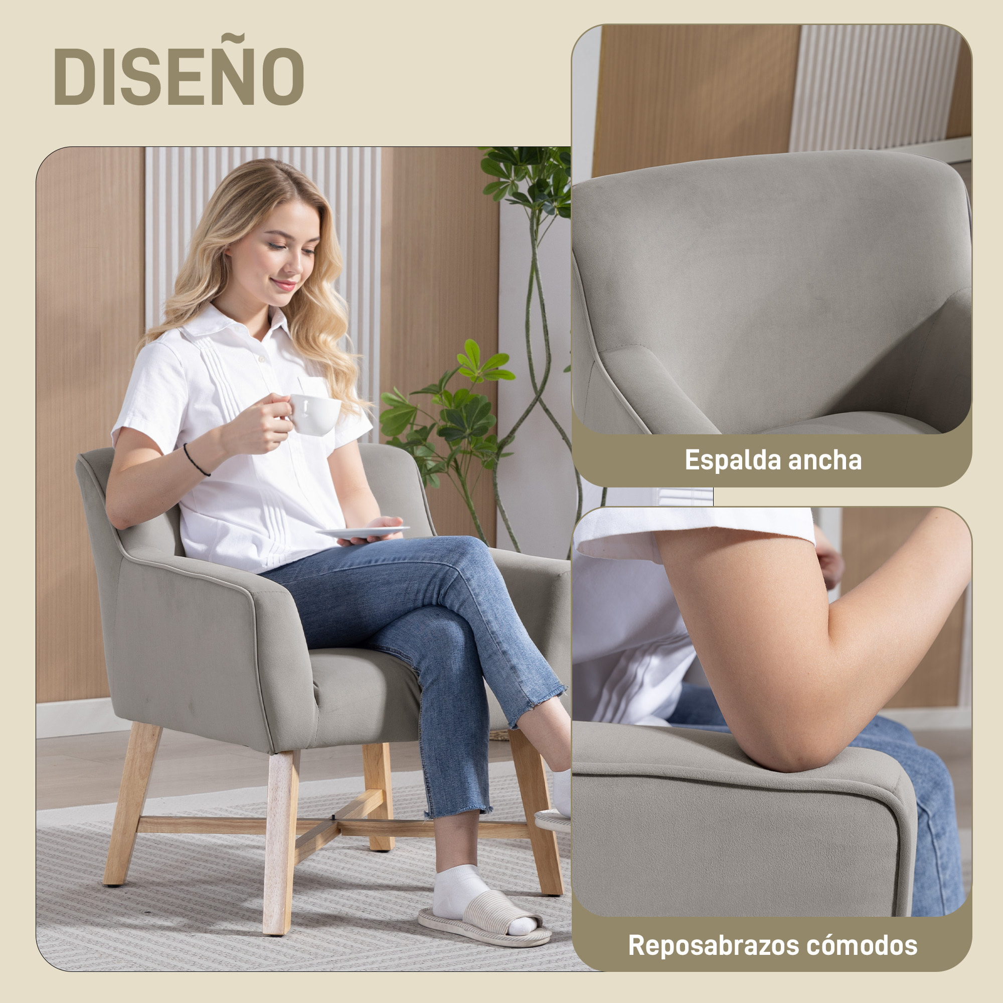 Butaca de Salón Tapizada en Terciopelo, Sillón de Salón Moderno Acolchado, Patas de Madera, Reposabrazos, Base Cruzada, Sillón Relax para Dormitorio, Oficina, Estudio, 67x65x74 cm, Gris Claro