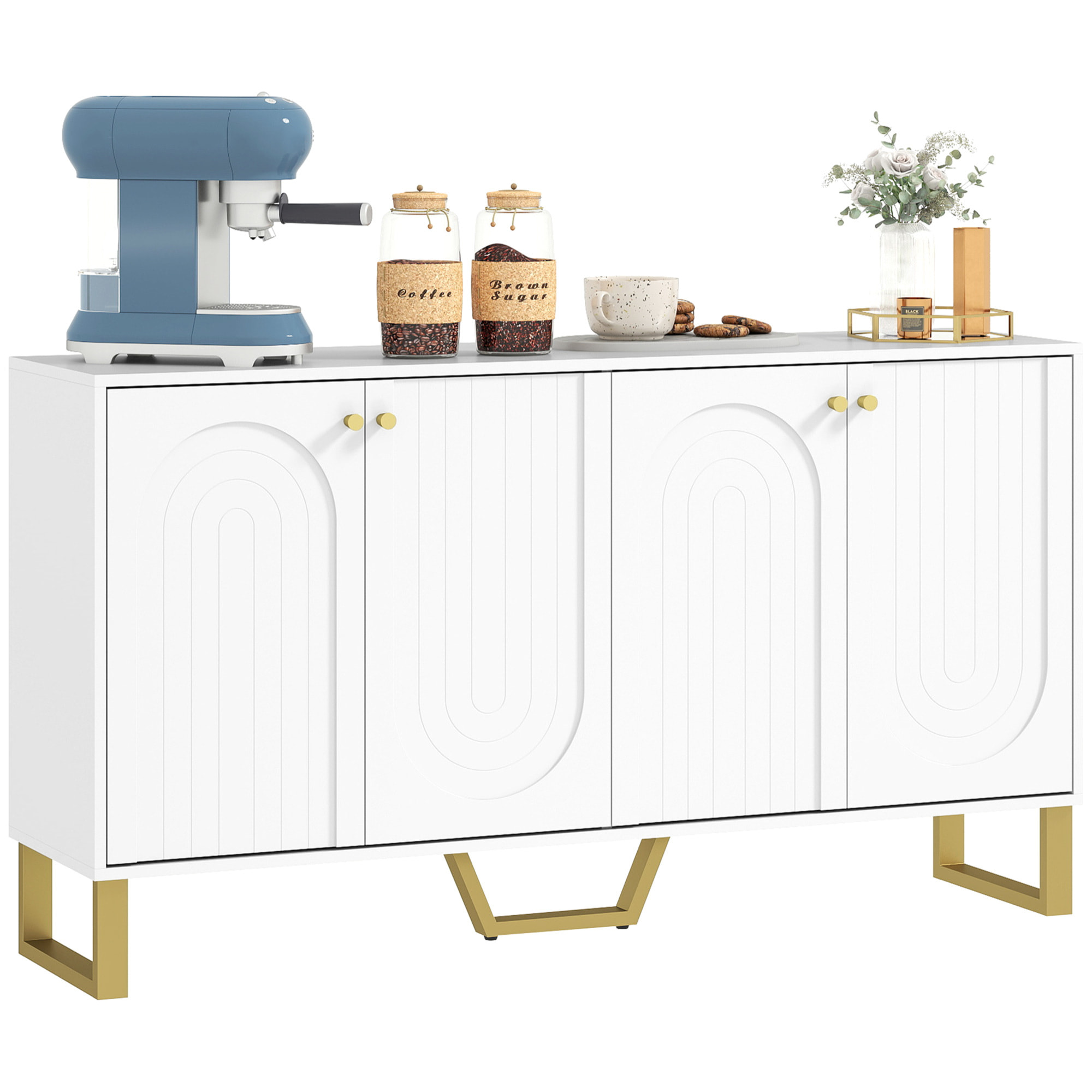 Aparador 4 Puertas Aparador para Salón Moderno con Estantes Ajustables y Patas Doradas para Comedor Entrada Mueble para TV hasta 65 Pulgadas Blanco 140,8x35x77,5 cm