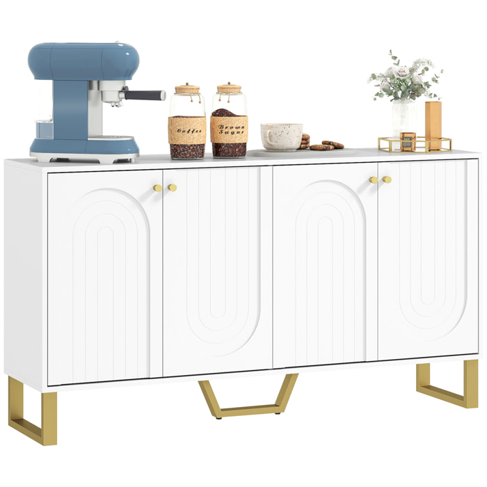 Aparador 4 Puertas Aparador para Salón Moderno con Estantes Ajustables y Patas Doradas para Comedor Entrada Mueble para TV hasta 65 Pulgadas Blanco 140,8x35x77,5 cm