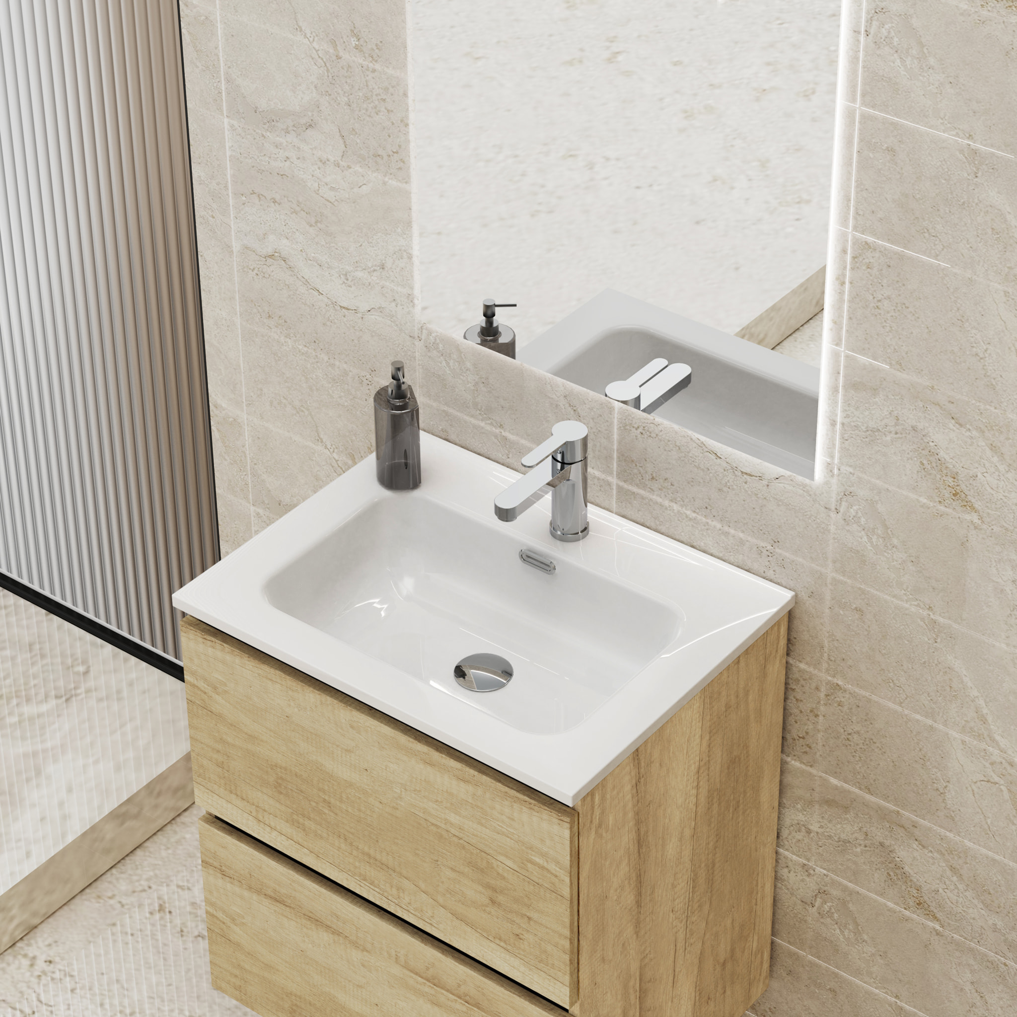 CONJUNTO DE BAÑO GLOOM | MUEBLE DE BAÑO SUSPENDIDO | 70 CM NATURE| DOS CAJONES | LAVABO ENCASTRADO | MUEBLE MONTADO | ALDAY
