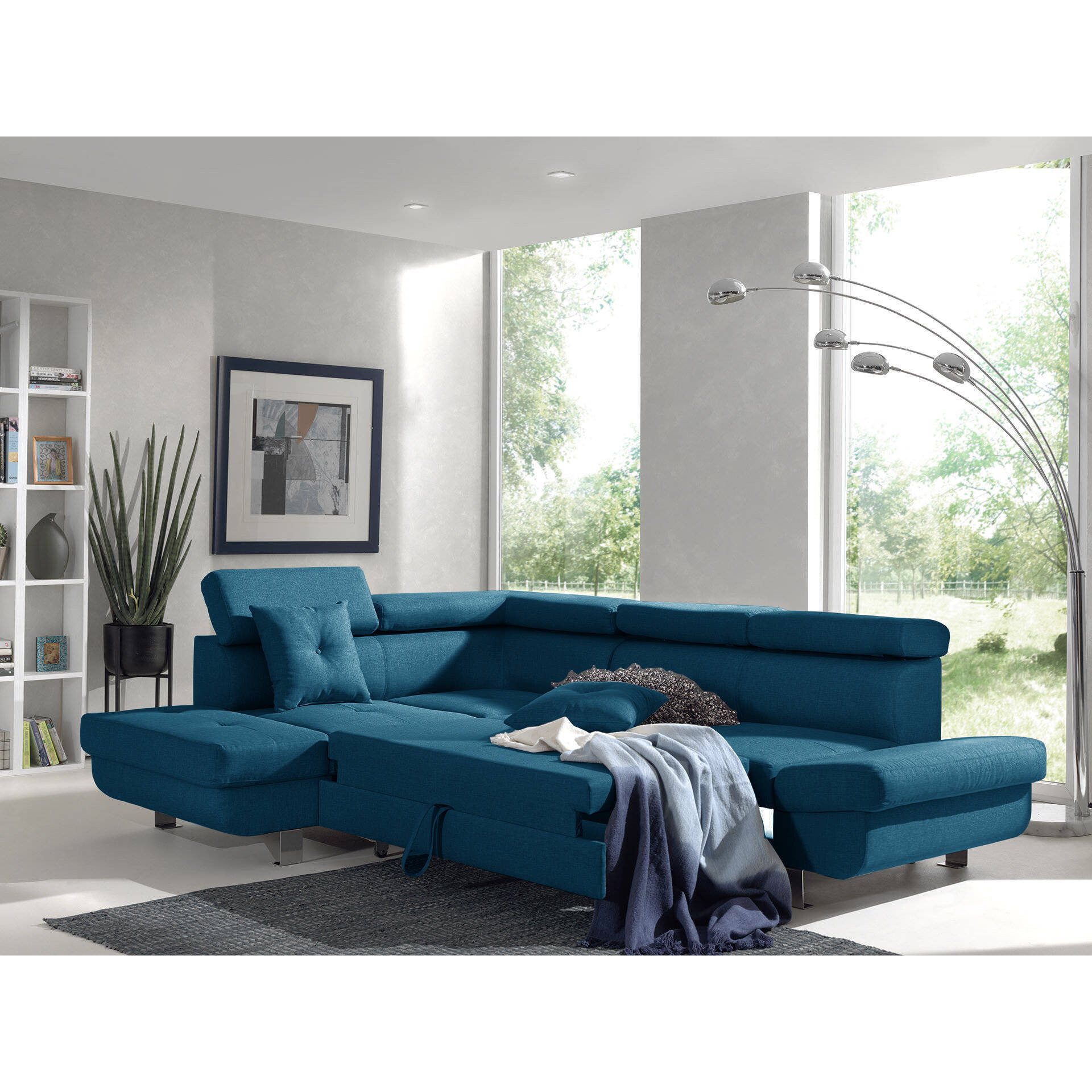 Lisbona - Canapé d'angle gauche convertible - 5 places - avec têtières - Bleu canard